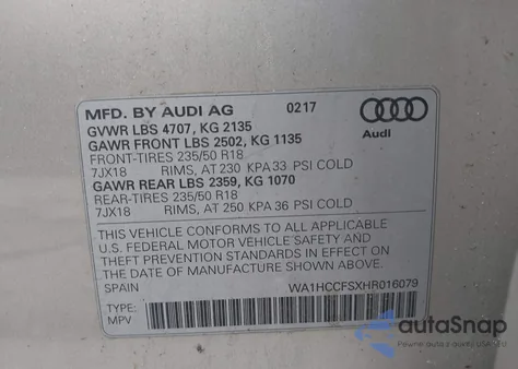 2017 Audi Q3 2.0T Premium из США, поврежденный, VIN WA1HCCFSXHR016079